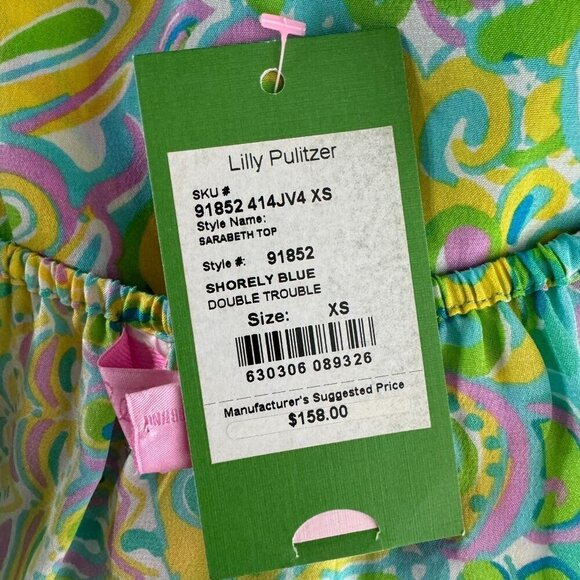 Lilly Pultizer Sarabeth Top XS Shorely Blue Double Trouble Silk NWT TP-2890 - Picture 7 of 11